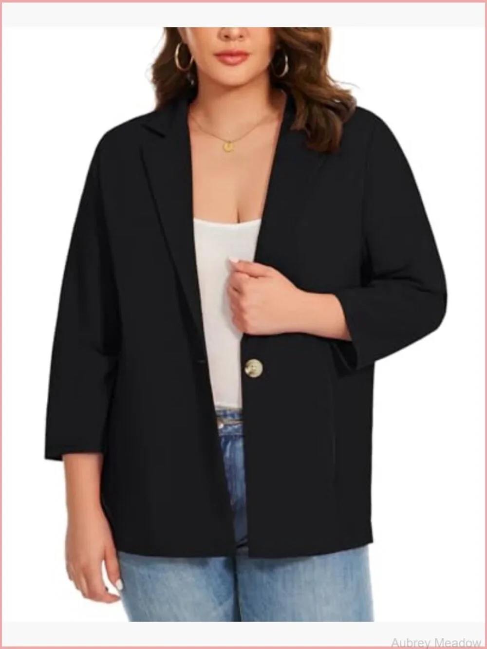 Plus Size Blazer 3/4 Sleeve Notch Lapel One Button Open Front Pockets Work